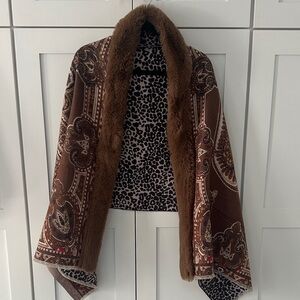 La Fiorentina Brown and Cream Cape with Faux Fur Trim